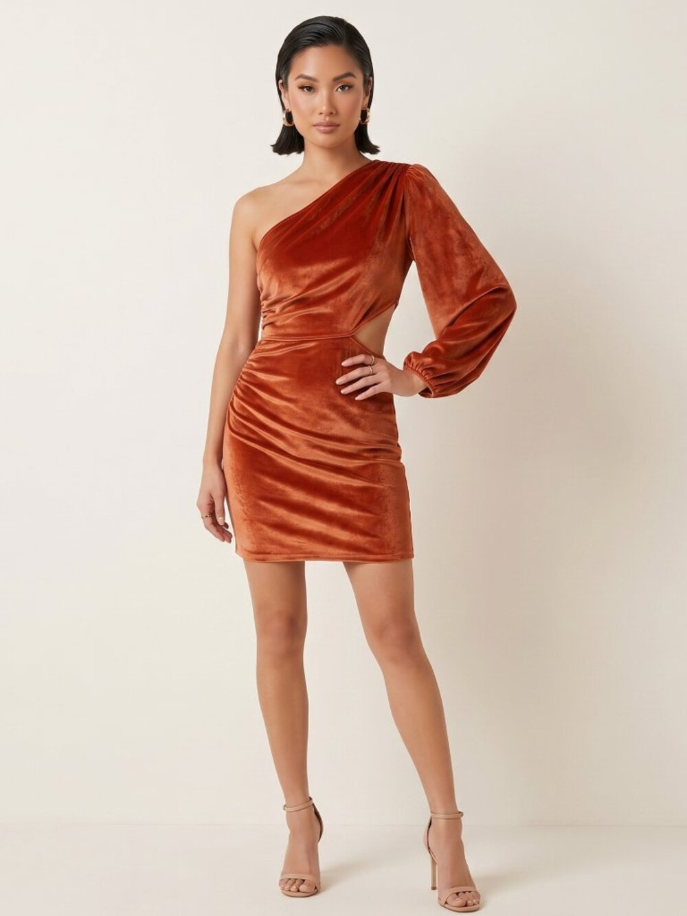 New Orange Rust Velvet One Shoulder Cutout Mini Dress Ruched Bodycon | Large